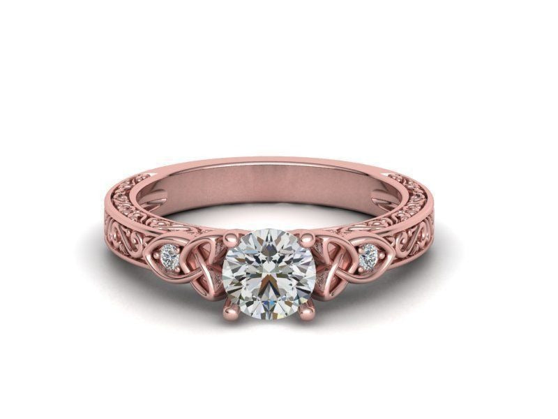Vintage Engraved Round Moissanite Engagement Ring in 925 Sterling Silver