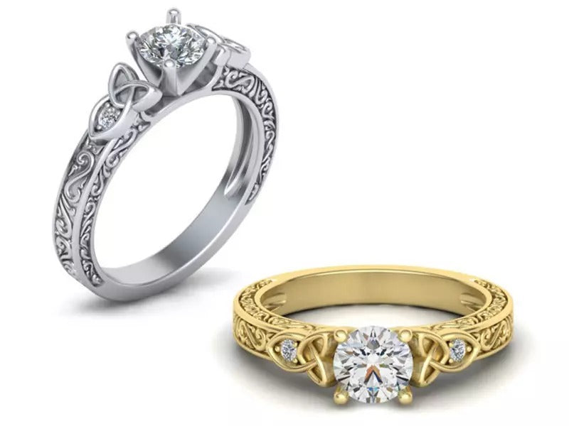 Vintage Engraved Round Moissanite Engagement Ring in 925 Sterling Silver