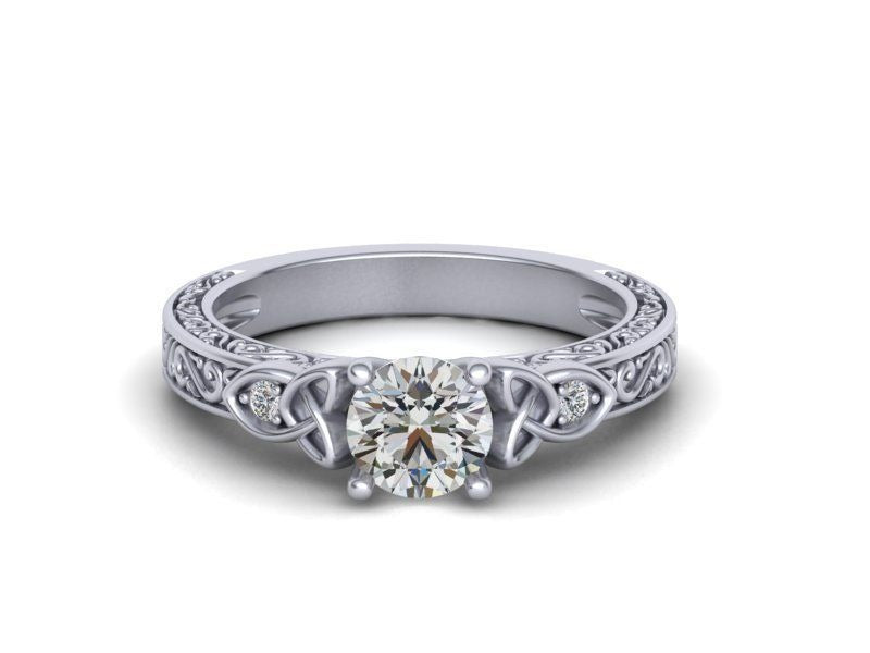 Vintage Engraved Round Moissanite Engagement Ring in 925 Sterling Silver