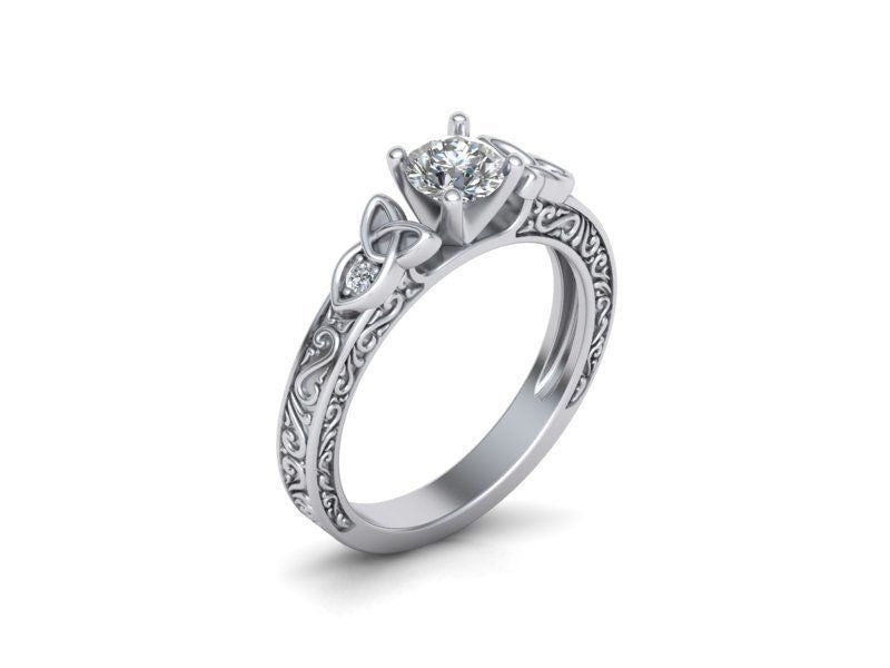 Vintage Engraved Round Moissanite Engagement Ring in 925 Sterling Silver