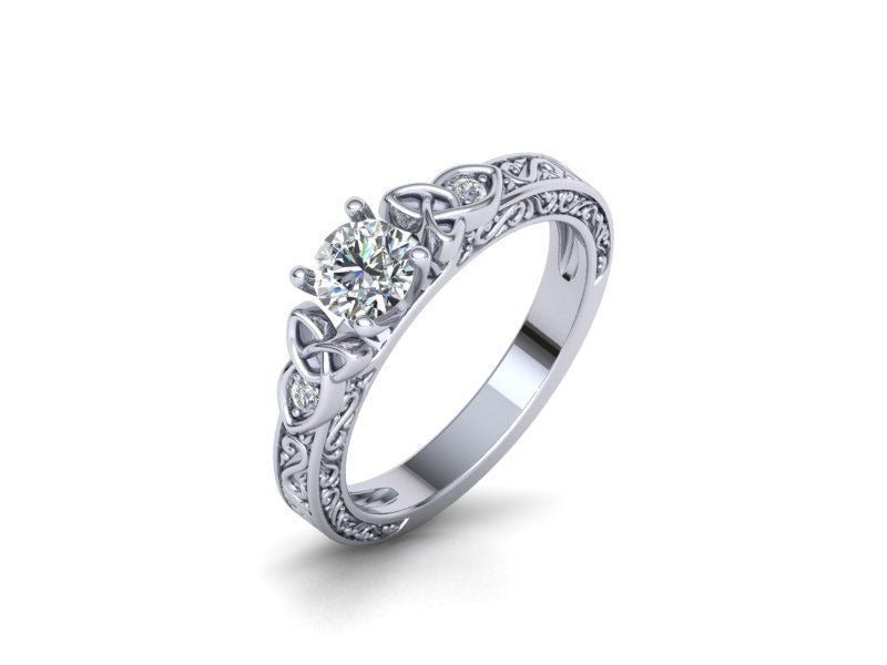 Vintage Engraved Round Moissanite Engagement Ring in 925 Sterling Silver