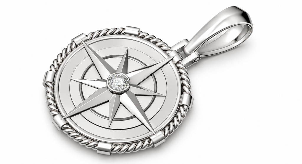 Yellow Gold Large Nautical Compass Medallion Pendant Charm