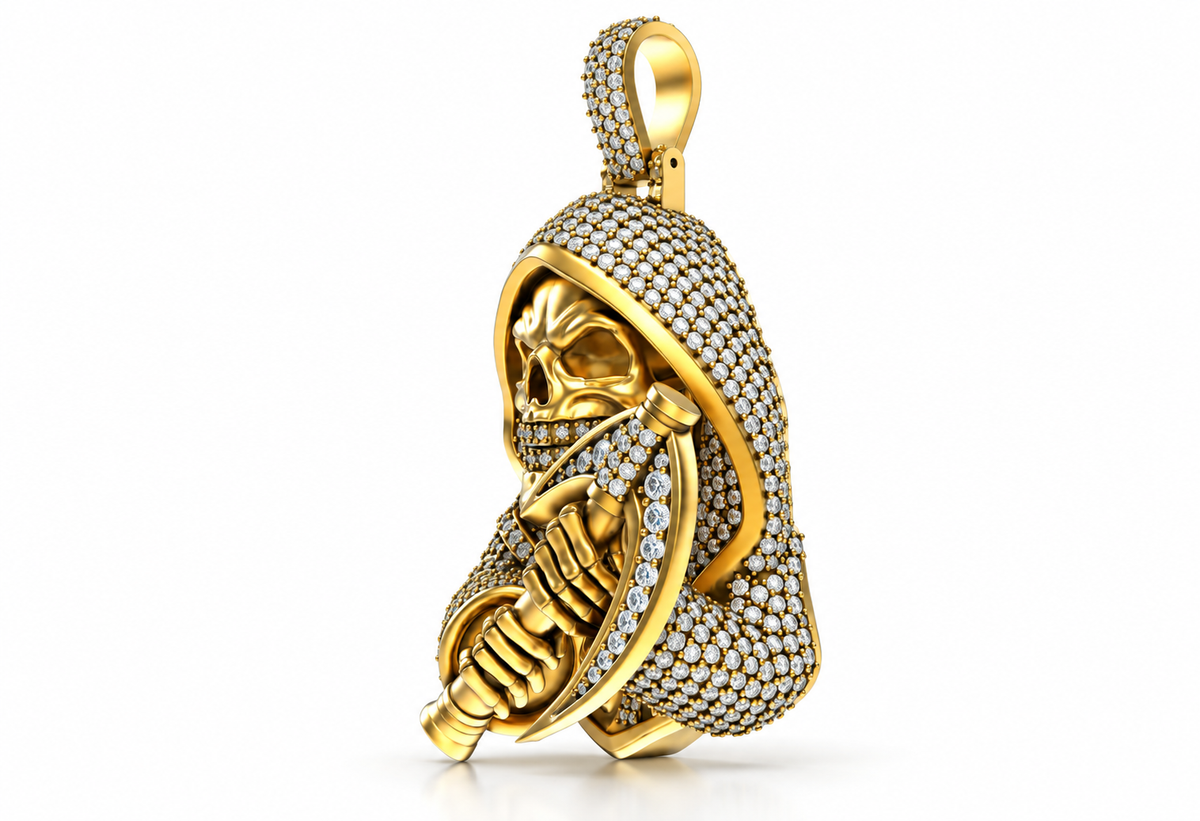 Iced Out Moissanite Grim Reaper Pendant – Gold Plated 925 Silver