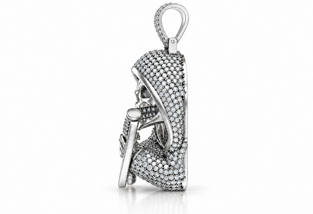 Iced Out Moissanite Grim Reaper Pendant – Gold Plated 925 Silver