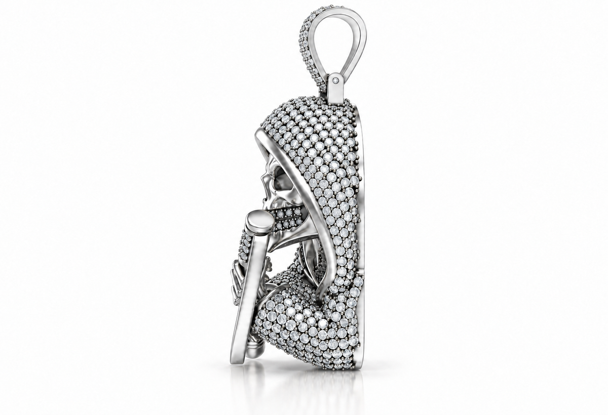 Iced Out Moissanite Grim Reaper Pendant – Gold Plated 925 Silver