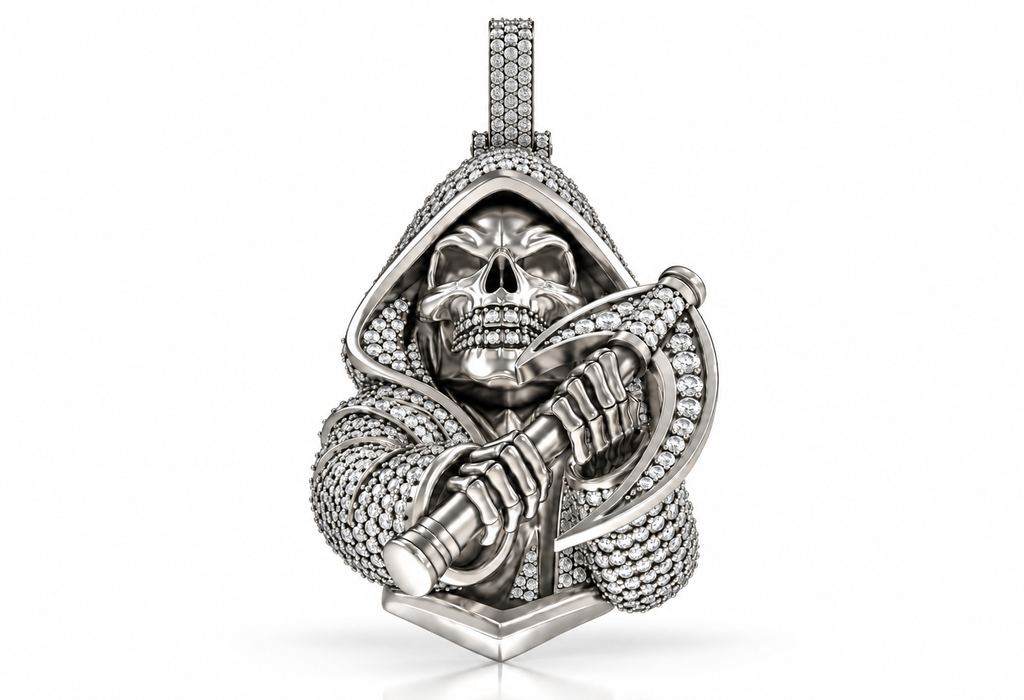 Iced Out Moissanite Grim Reaper Pendant – Gold Plated 925 Silver