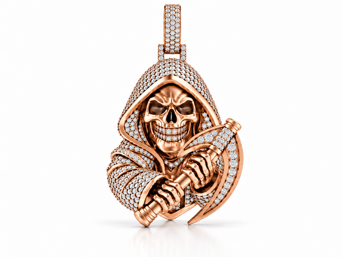 Iced Out Moissanite Grim Reaper Pendant – Gold Plated 925 Silver