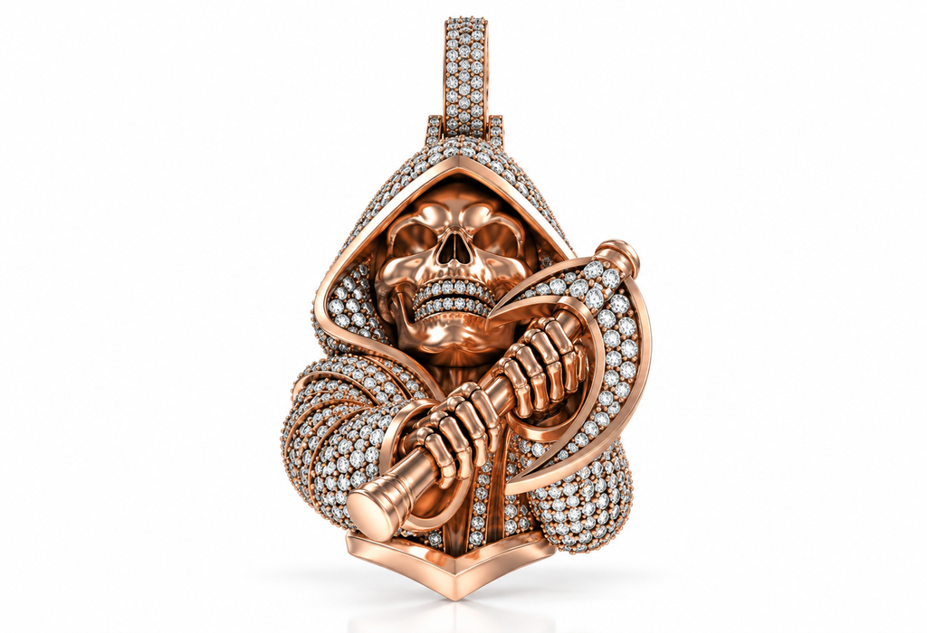 Iced Out Moissanite Grim Reaper Pendant – Gold Plated 925 Silver