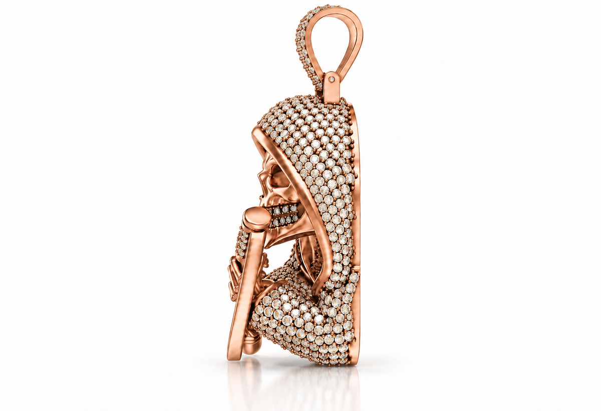 Iced Out Moissanite Grim Reaper Pendant – Gold Plated 925 Silver