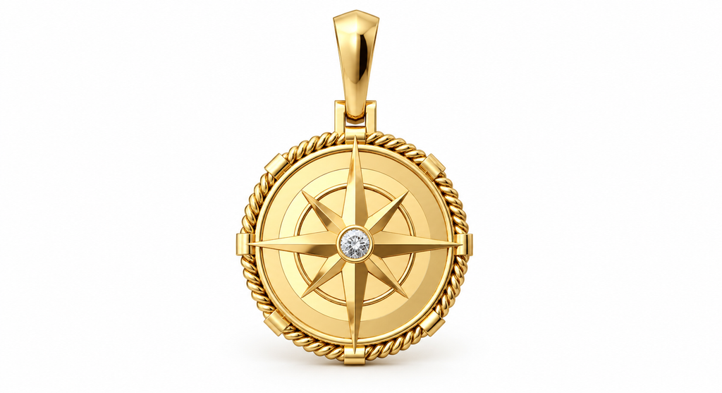 Yellow Gold Large Nautical Compass Medallion Pendant Charm