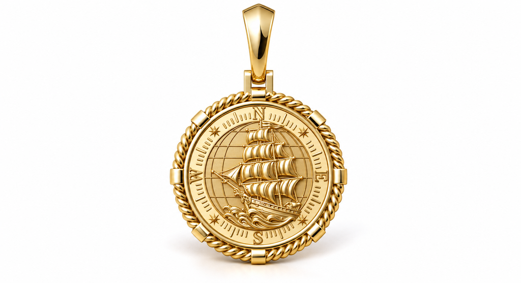 Yellow Gold Large Nautical Compass Medallion Pendant Charm