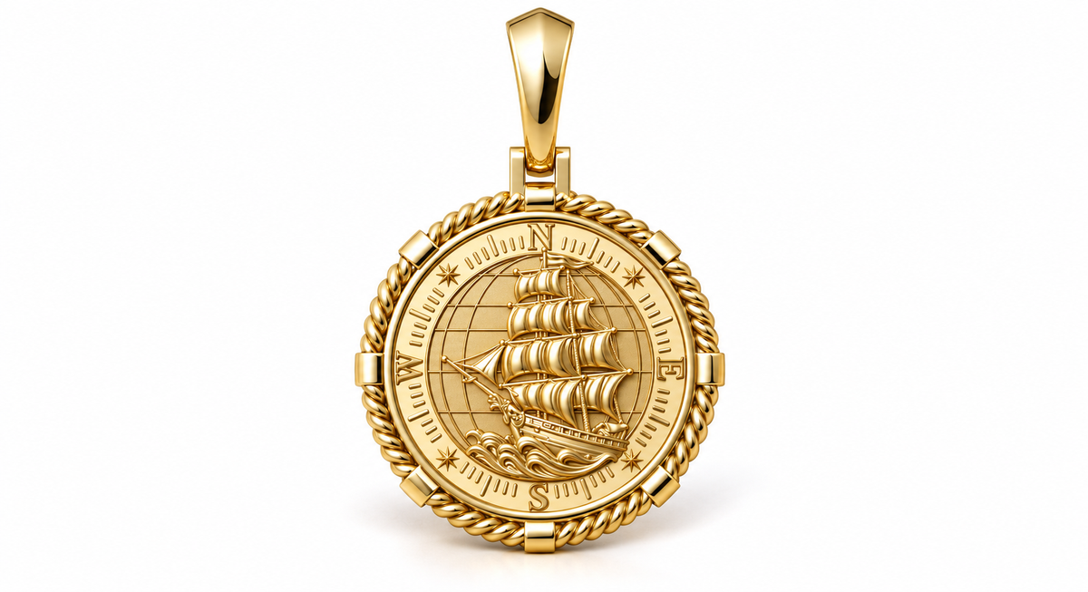 Yellow Gold Large Nautical Compass Medallion Pendant Charm