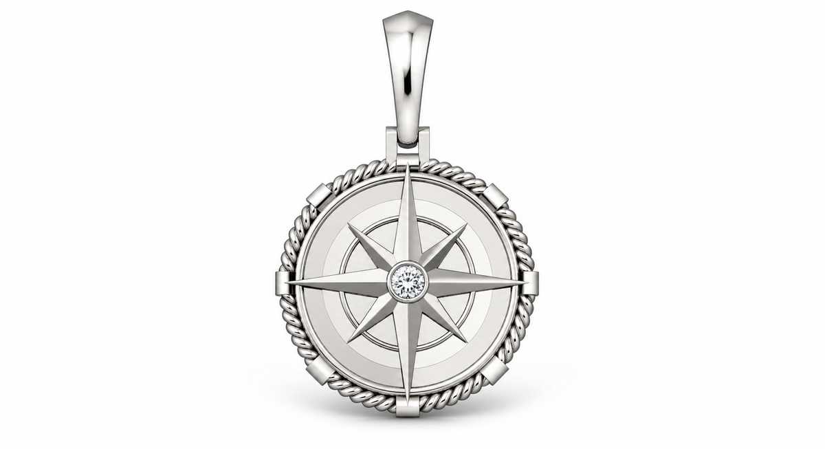 Yellow Gold Large Nautical Compass Medallion Pendant Charm