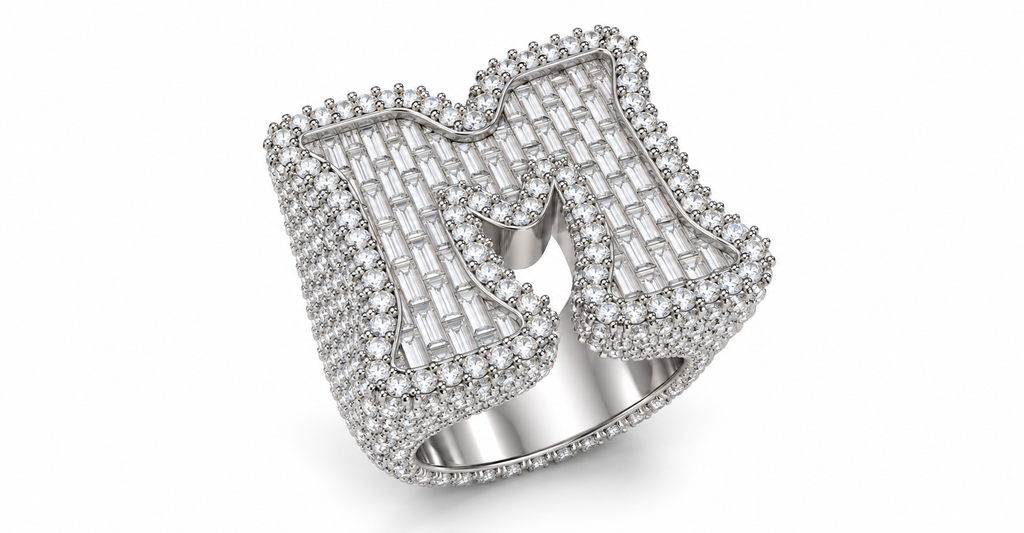 Iced Out Letter M Ring – Baguette Initial Hip Hop Ring
