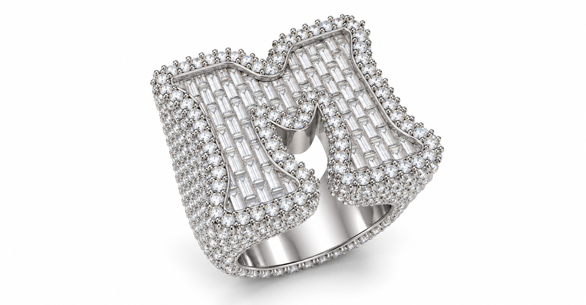 Iced Out Letter M Ring – Baguette Initial Hip Hop Ring