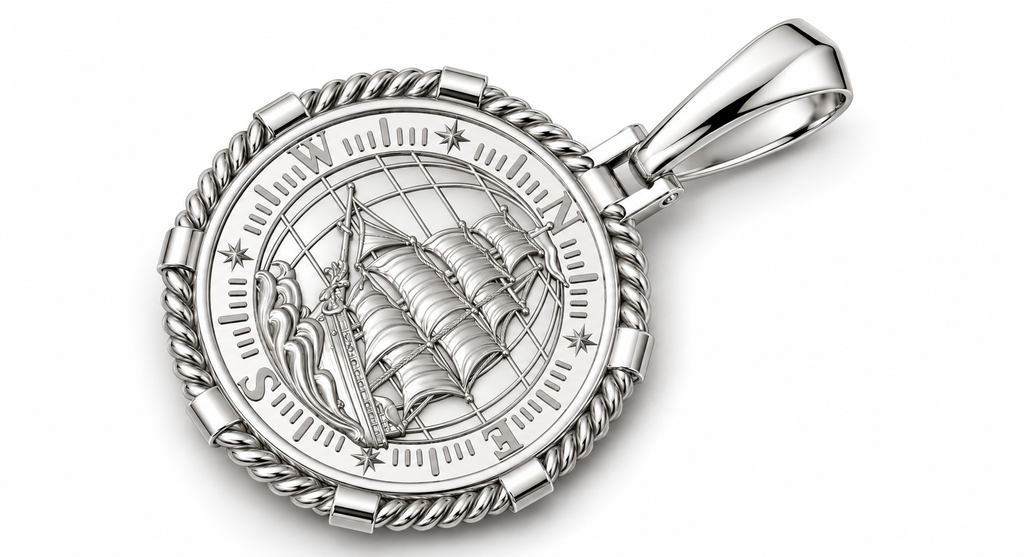 Yellow Gold Large Nautical Compass Medallion Pendant Charm