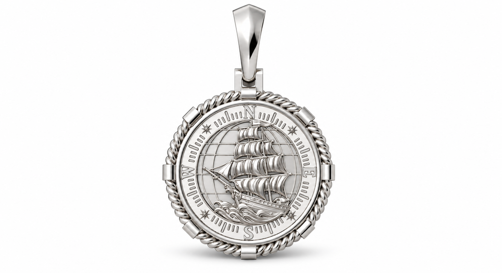 Yellow Gold Large Nautical Compass Medallion Pendant Charm