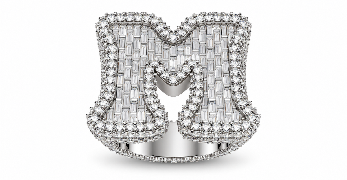 Iced Out Letter M Ring – Baguette Initial Hip Hop Ring