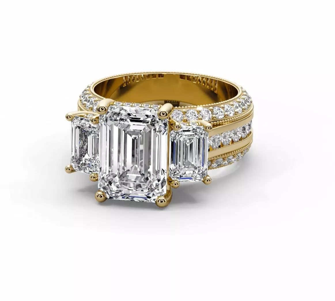 Emerald Cut Three Stone Moissanite Engagement Ring – Gold Plated 925 Silver