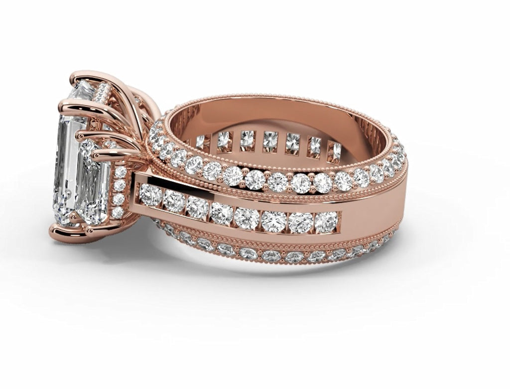 Emerald Cut Three Stone Moissanite Engagement Ring – Gold Plated 925 Silver