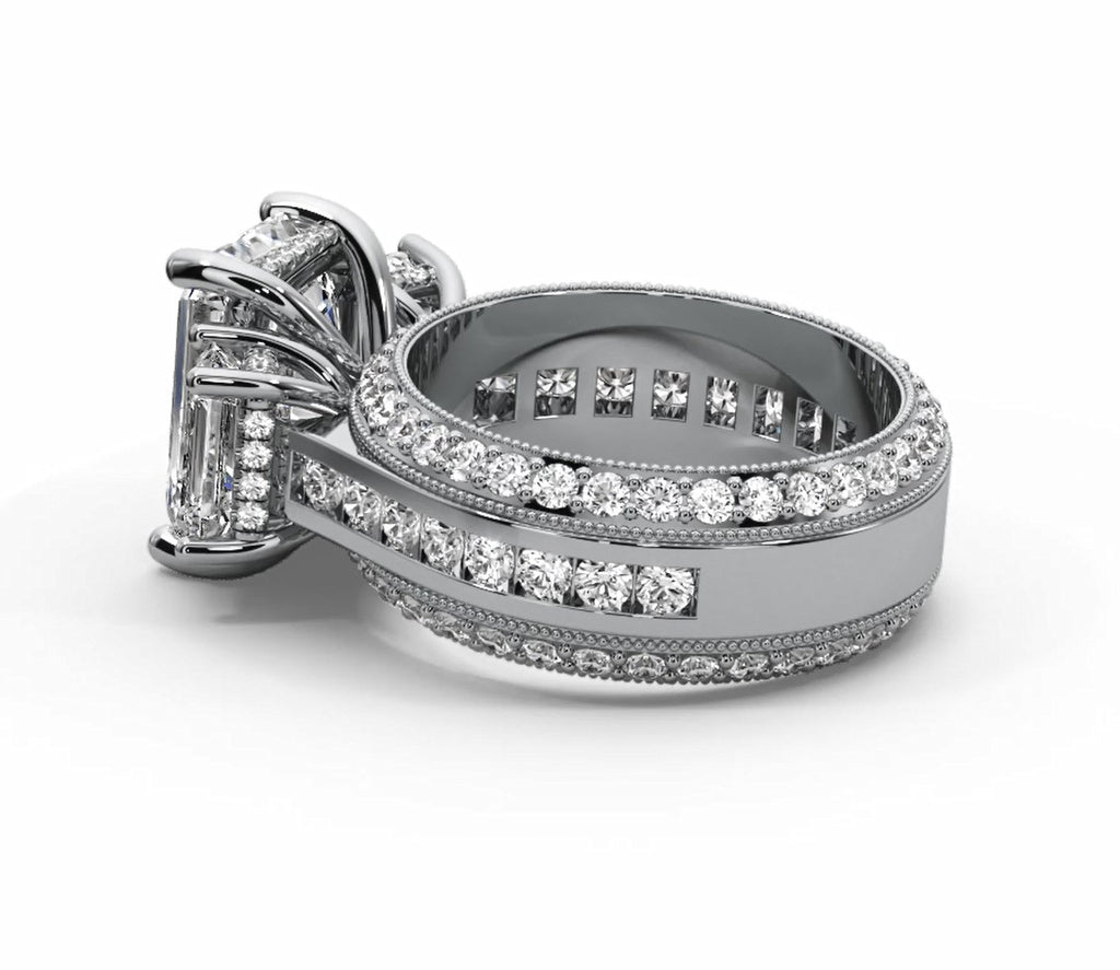 Emerald Cut Three Stone Moissanite Engagement Ring – Gold Plated 925 Silver