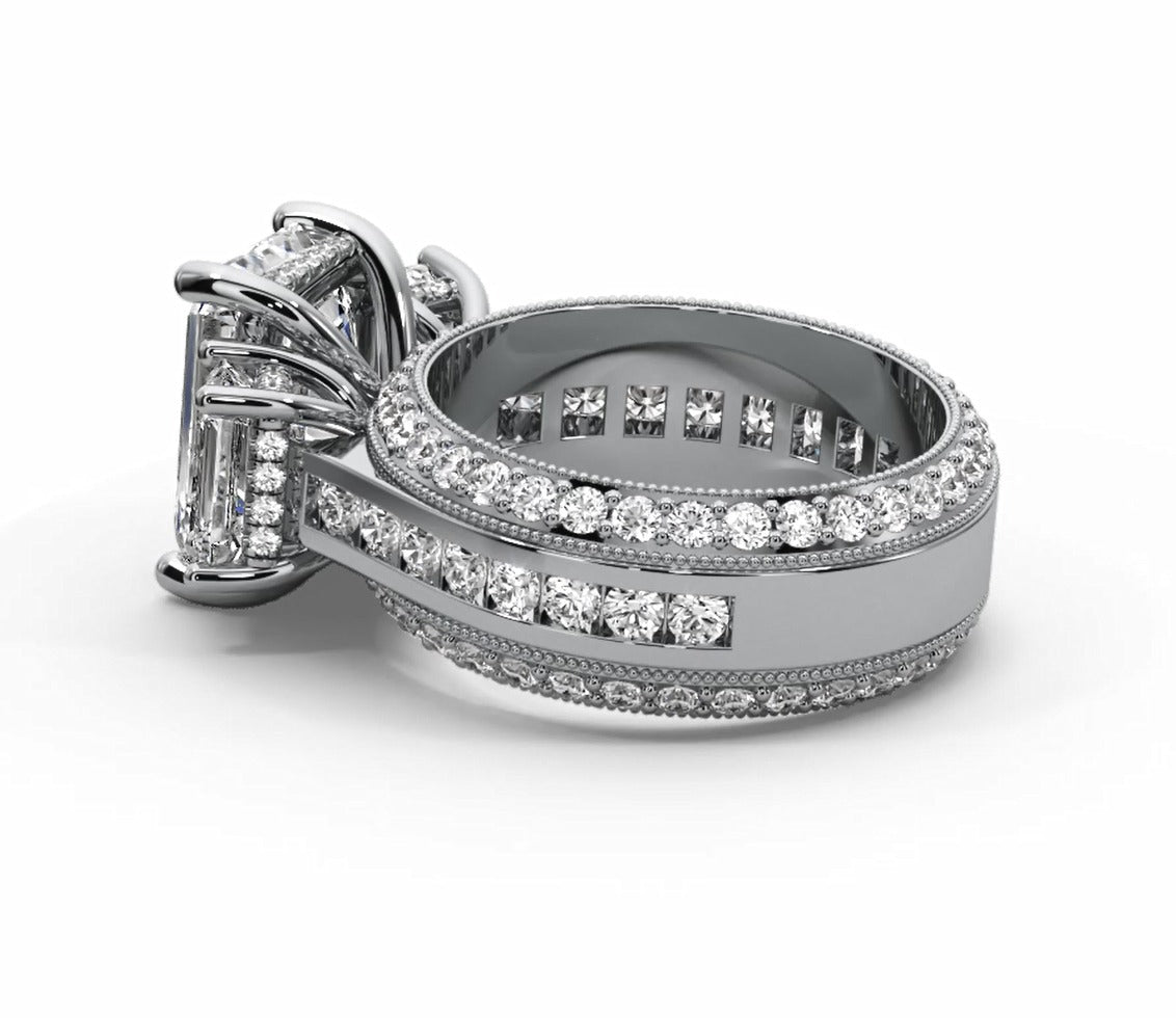 Emerald Cut Three Stone Moissanite Engagement Ring – Gold Plated 925 Silver