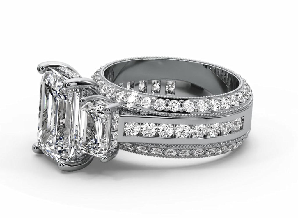 Emerald Cut Three Stone Moissanite Engagement Ring – Gold Plated 925 Silver