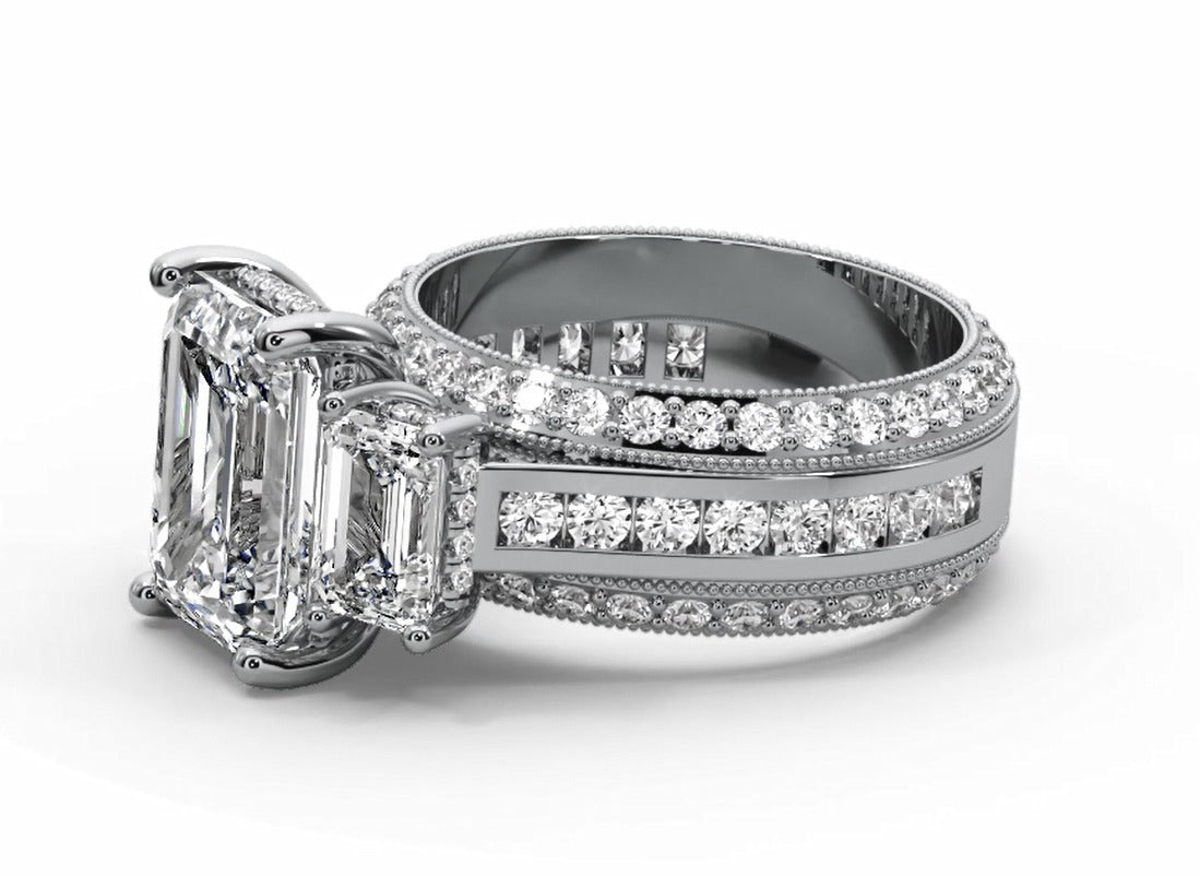 Emerald Cut Three Stone Moissanite Engagement Ring – Gold Plated 925 Silver