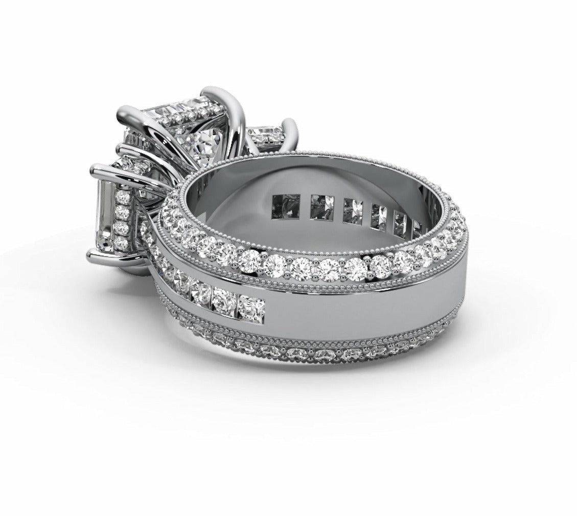 Emerald Cut Three Stone Moissanite Engagement Ring – Gold Plated 925 Silver