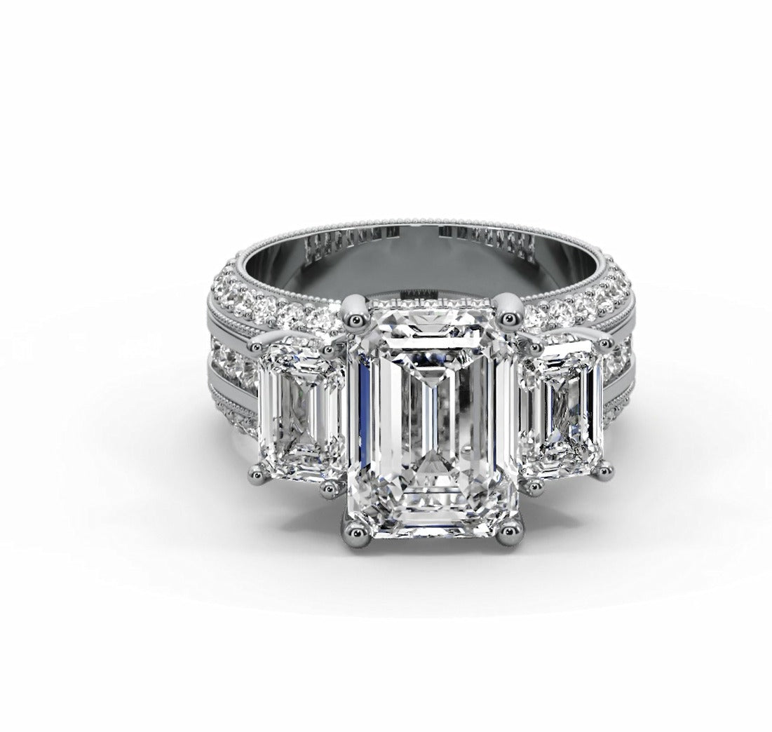 Emerald Cut Three Stone Moissanite Engagement Ring – Gold Plated 925 Silver