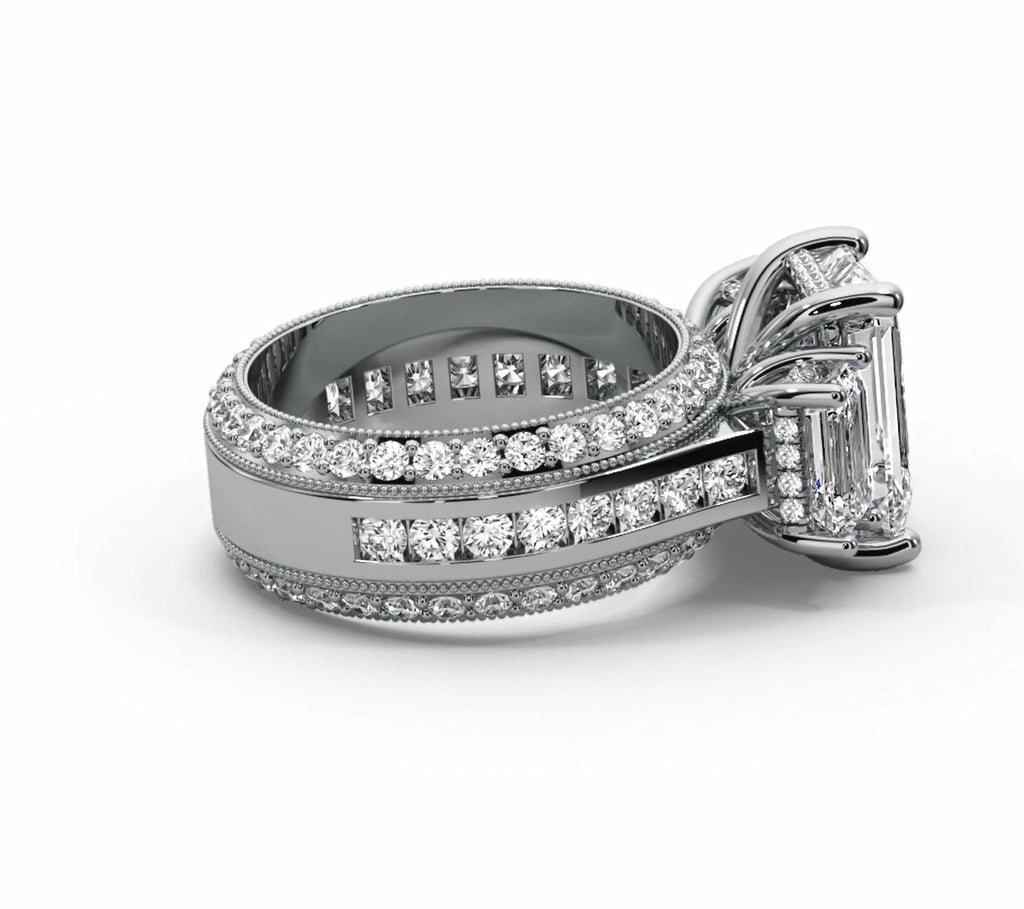 Emerald Cut Three Stone Moissanite Engagement Ring – Gold Plated 925 Silver