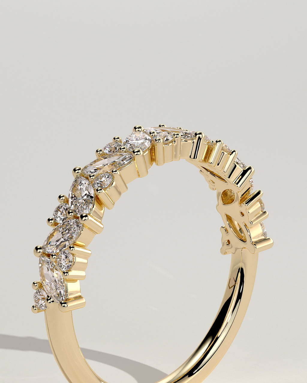 Marquise and Round Diamond Half Eternity Wedding Band — yellow gold [color:yellow]