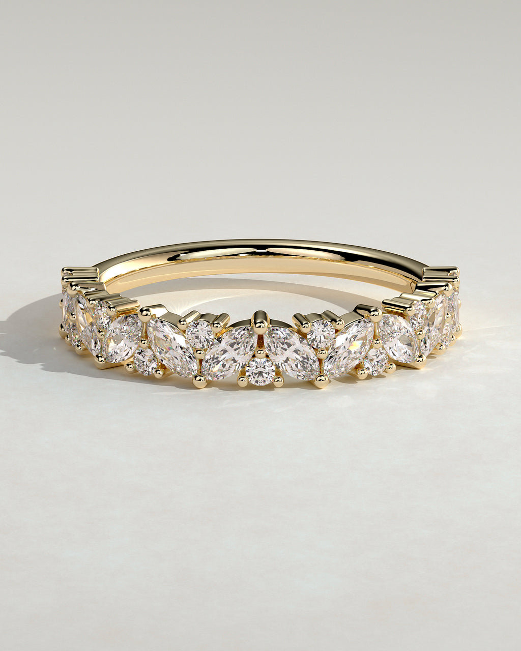 Marquise and Round Diamond Half Eternity Wedding Band — yellow gold [color:yellow]