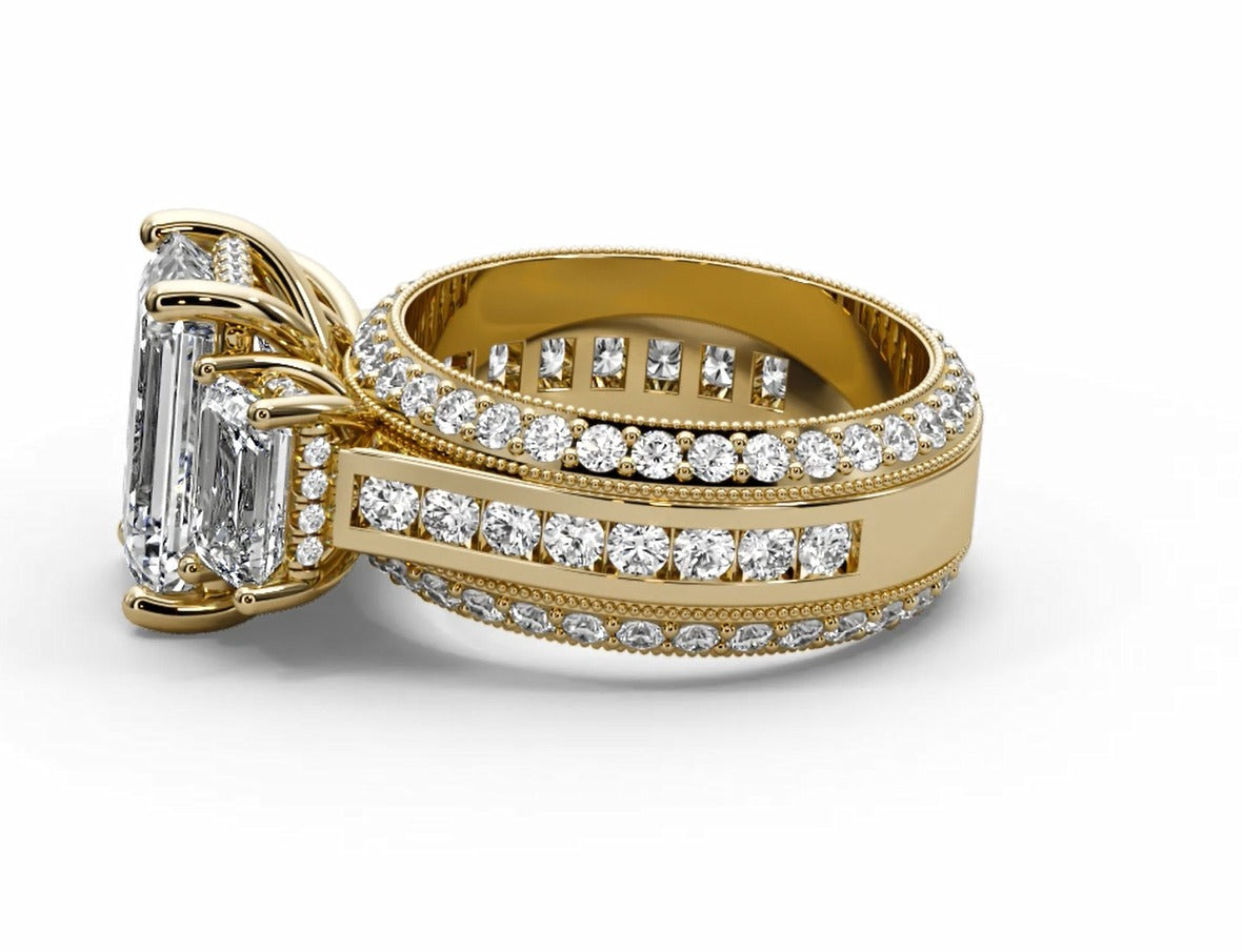 Emerald Cut Three Stone Moissanite Engagement Ring – Gold Plated 925 Silver