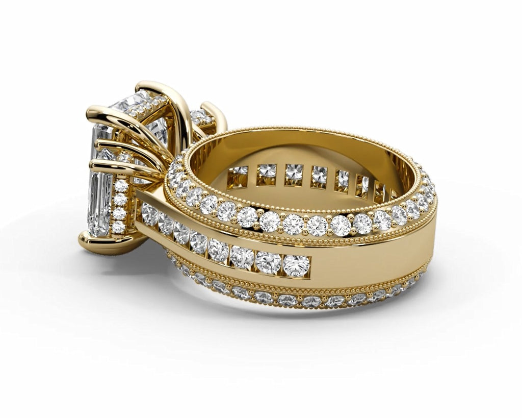 Emerald Cut Three Stone Moissanite Engagement Ring – Gold Plated 925 Silver