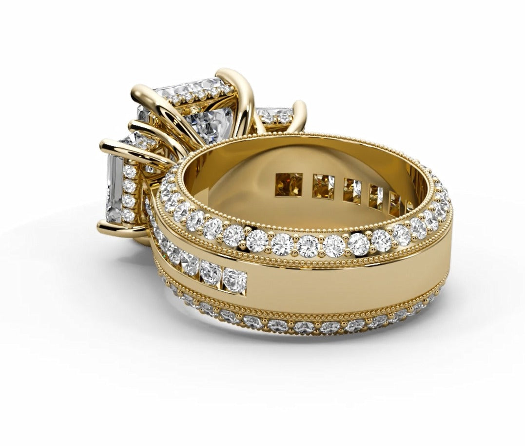 Emerald Cut Three Stone Moissanite Engagement Ring – Gold Plated 925 Silver