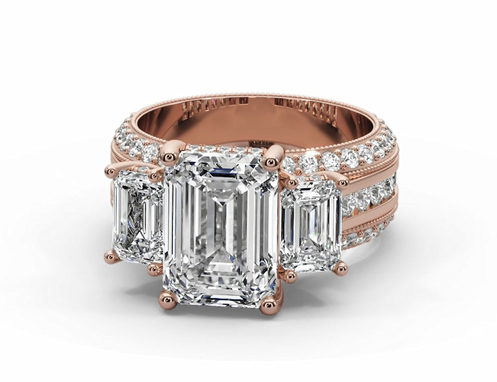 Emerald Cut Three Stone Moissanite Engagement Ring – Gold Plated 925 Silver