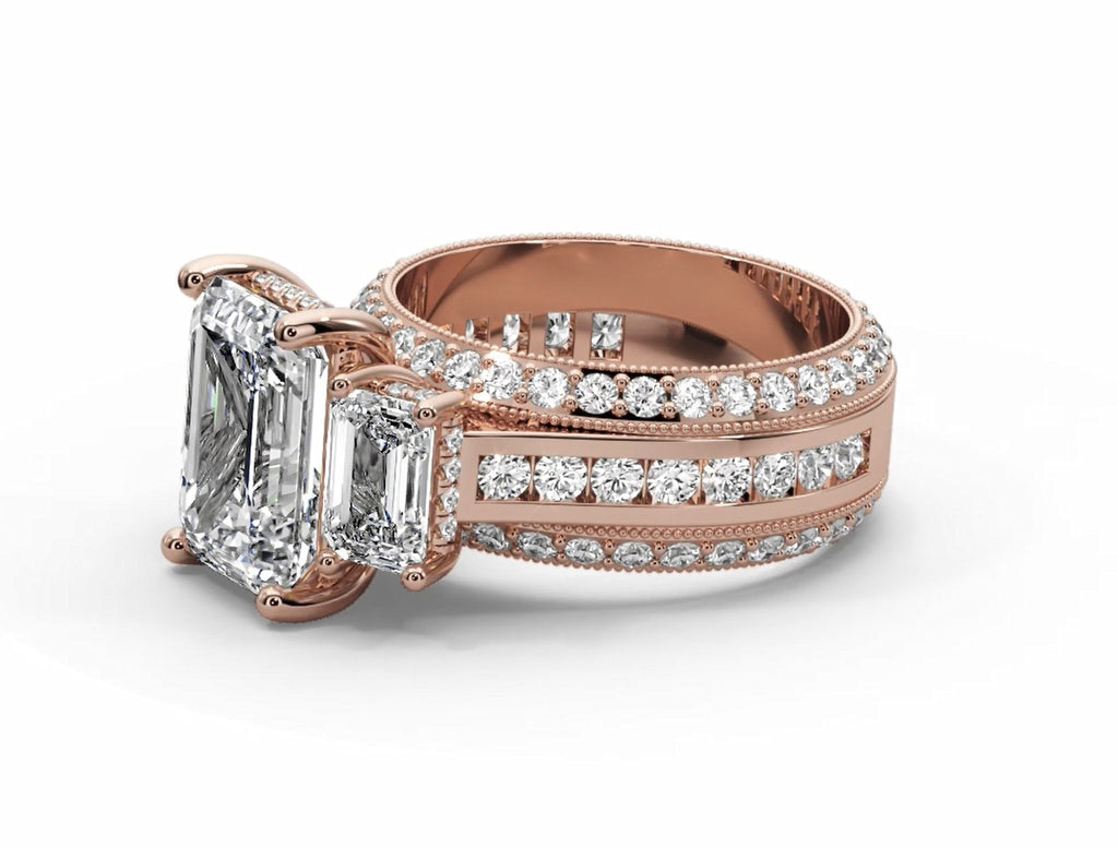 Emerald Cut Three Stone Moissanite Engagement Ring – Gold Plated 925 Silver