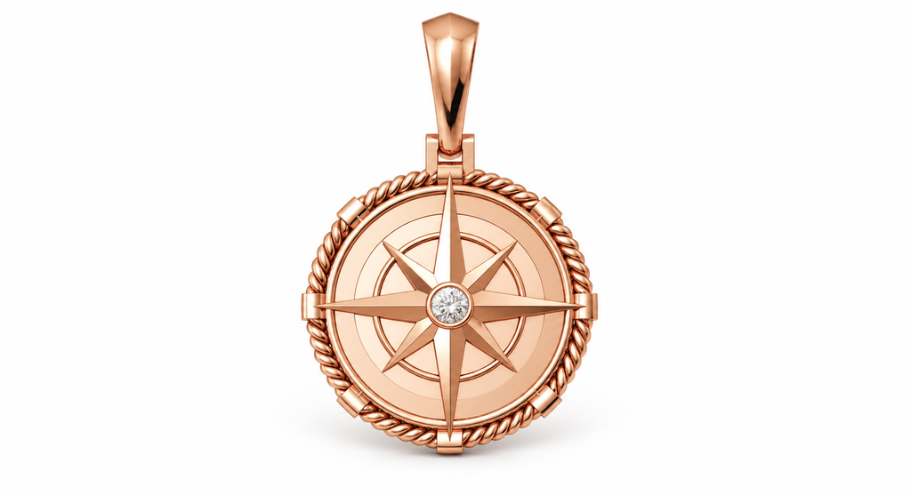 Yellow Gold Large Nautical Compass Medallion Pendant Charm