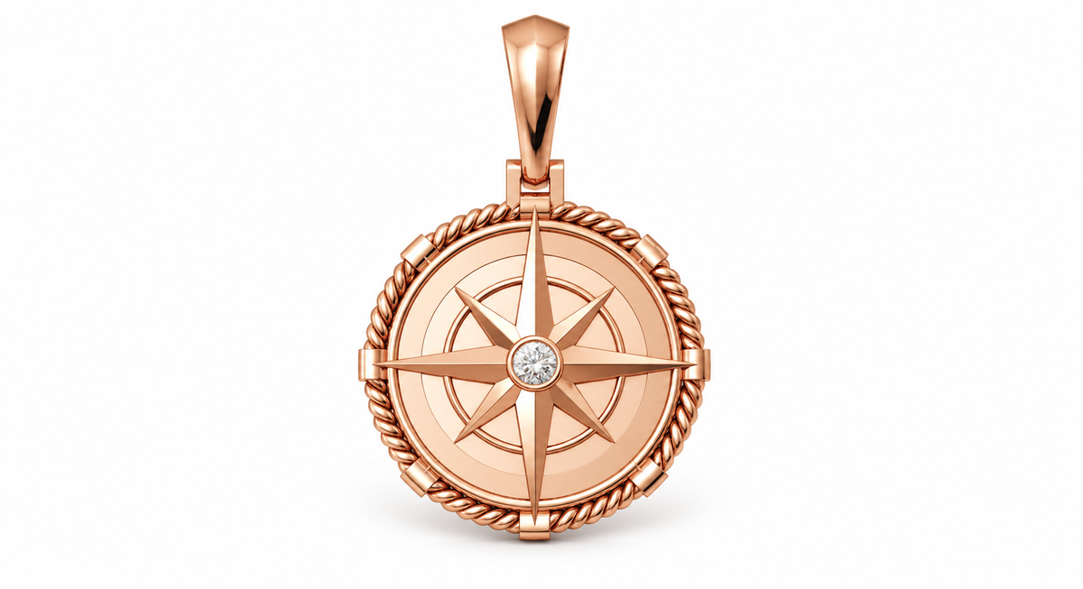 Yellow Gold Large Nautical Compass Medallion Pendant Charm