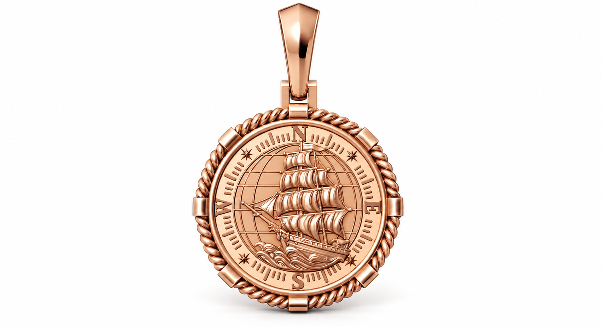 Yellow Gold Large Nautical Compass Medallion Pendant Charm
