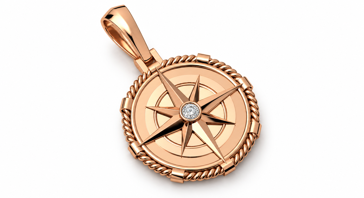 Yellow Gold Large Nautical Compass Medallion Pendant Charm