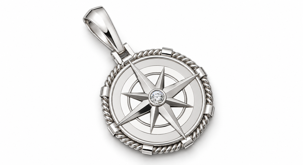 Yellow Gold Large Nautical Compass Medallion Pendant Charm