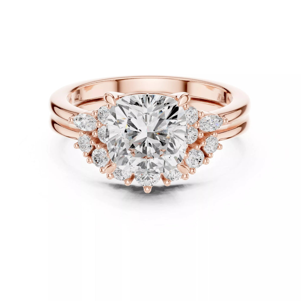 Round Cluster Double Band Engagement Ring in Solid Gold – Moissanite or Lab Grown Diamond