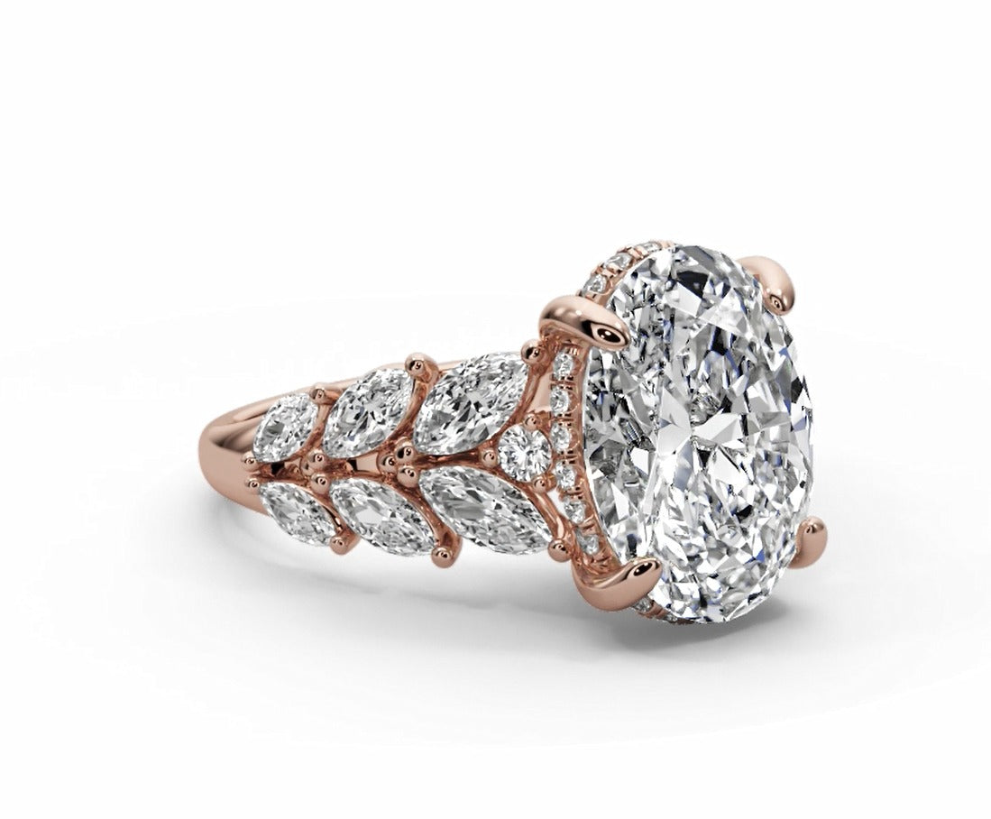 Oval Halo Leaf Vine Moissanite Engagement Ring – Gold Plated 925 Silver