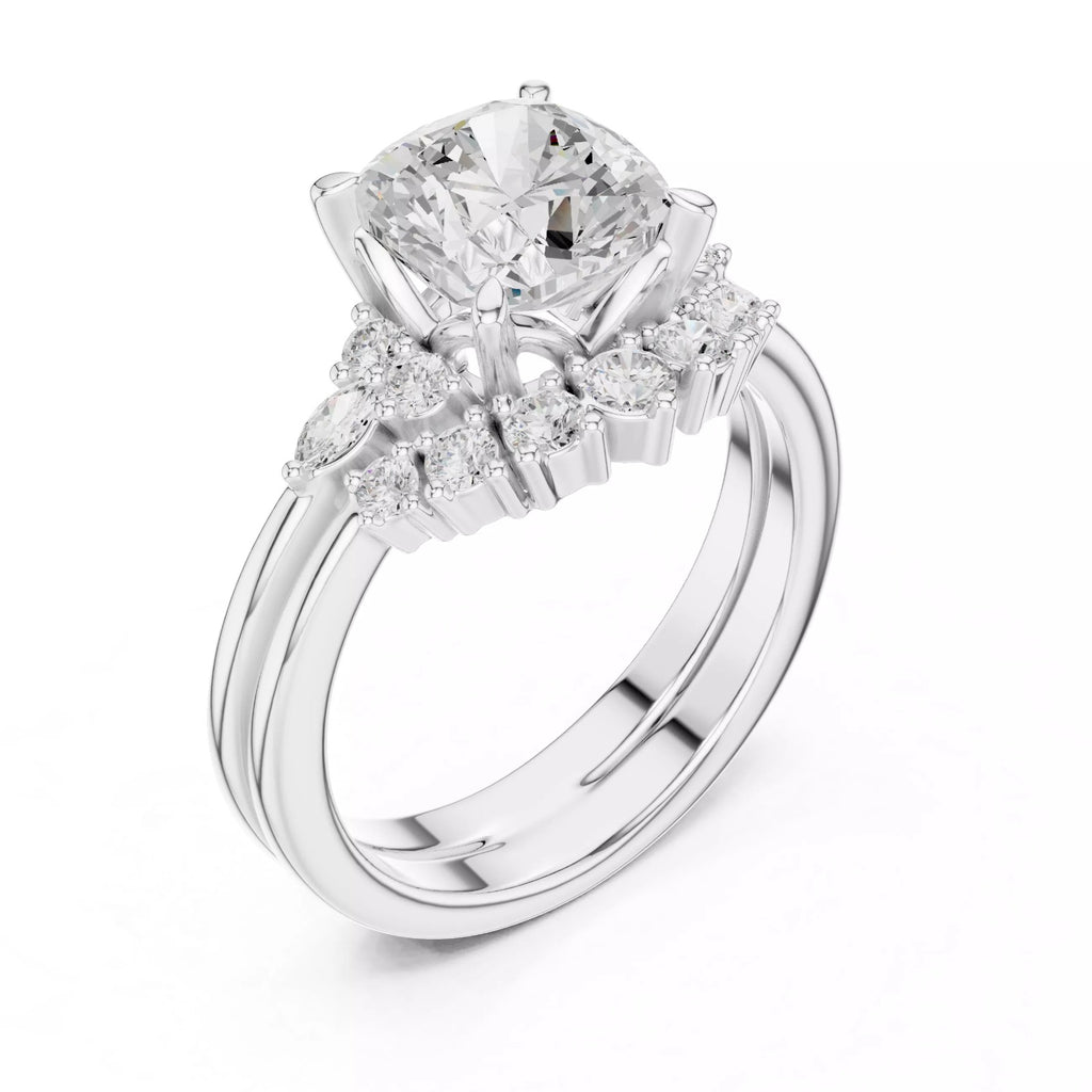 Round Cluster Double Band Engagement Ring in Solid Gold – Moissanite or Lab Grown Diamond