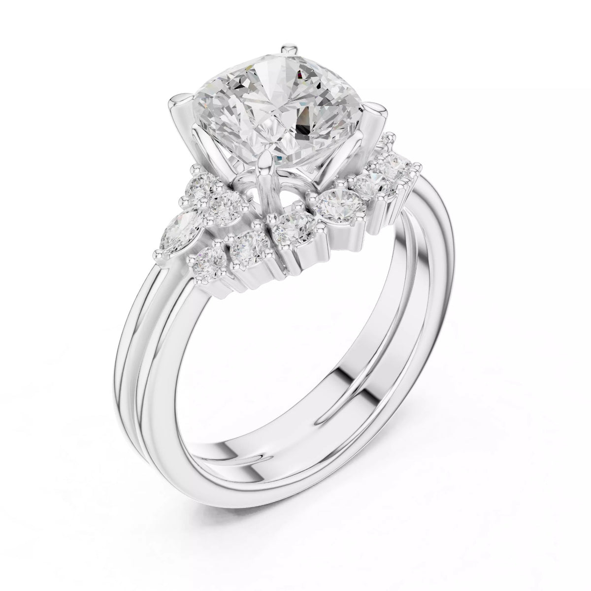 Round Cluster Double Band Engagement Ring in Solid Gold – Moissanite or Lab Grown Diamond