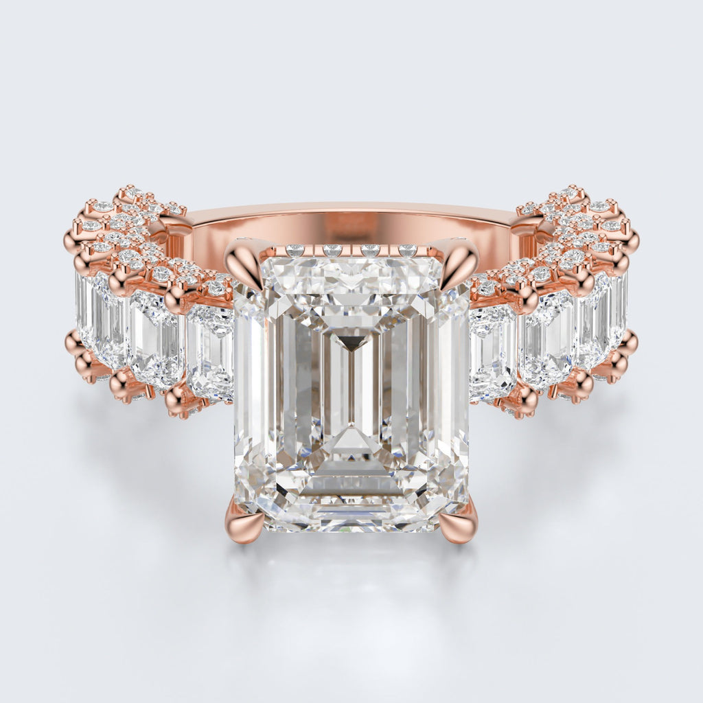 Emerald Cut Moissanite Statement Ring with Pavé Band – Gold Plated 925 Silver