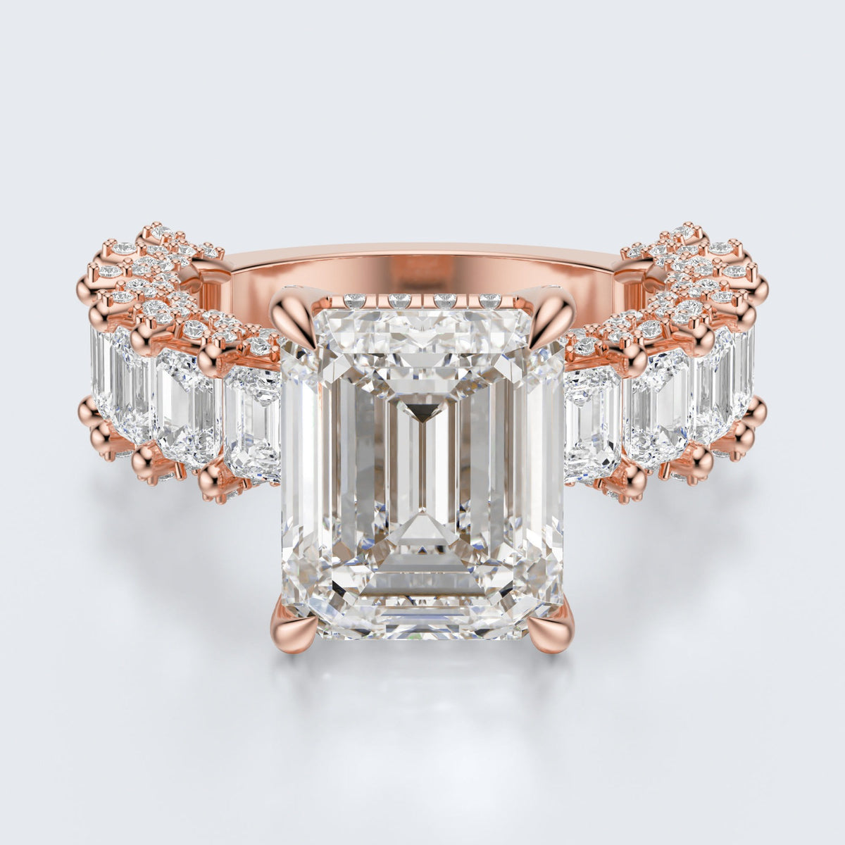 Emerald Cut Moissanite Statement Ring with Pavé Band – Gold Plated 925 Silver