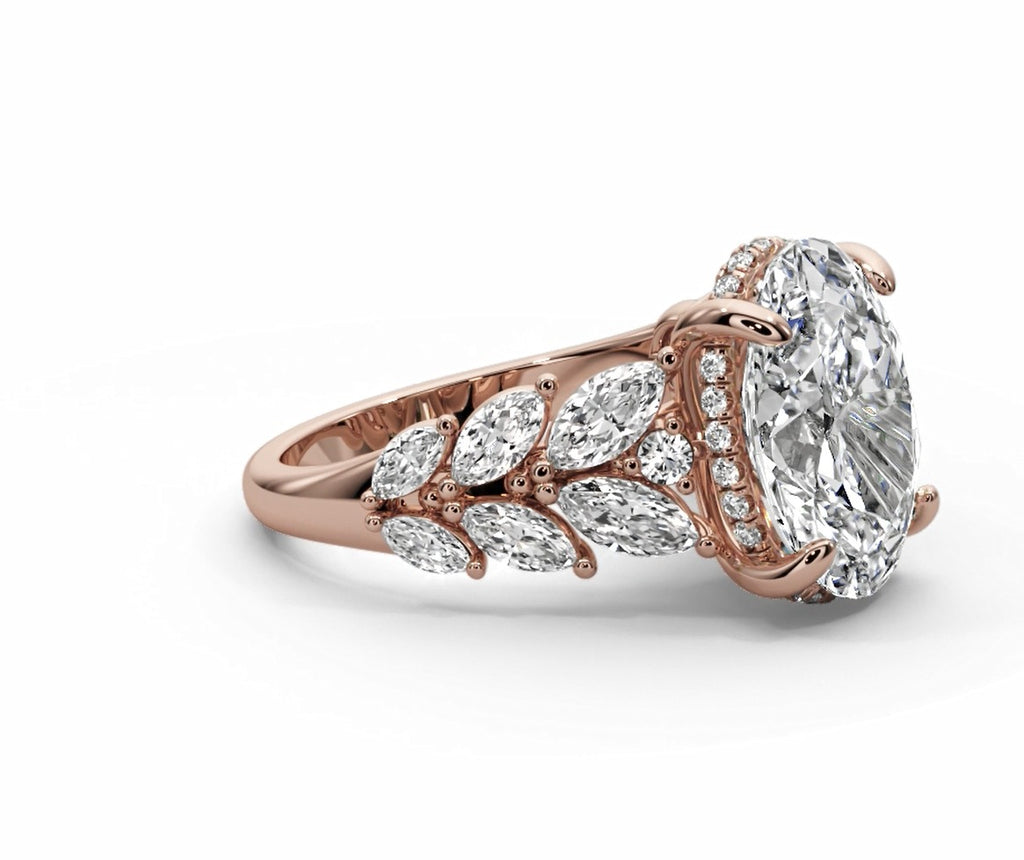 Oval Halo Leaf Vine Moissanite Engagement Ring – Gold Plated 925 Silver